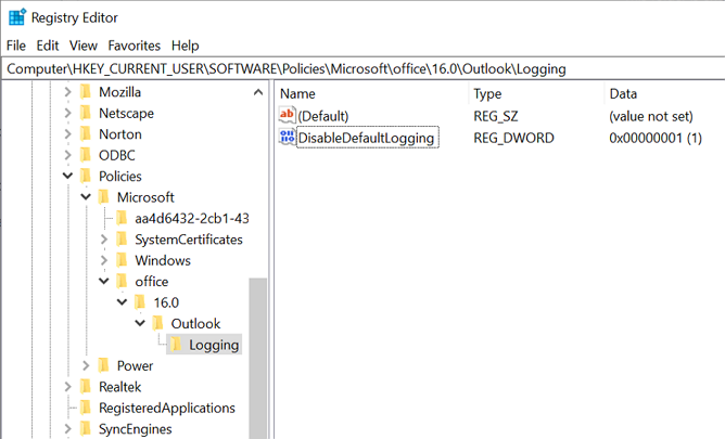 HKEY_CURRENT_USER\SOFTWARE\Policies\Microsoft\office\16.0\Outlook\Logging