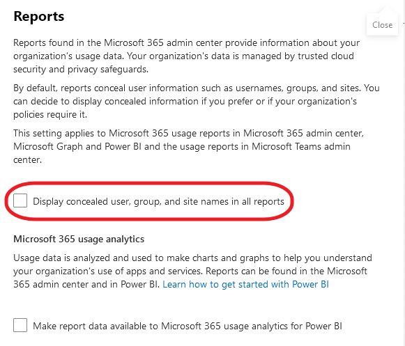 Microsoft 365 Admin Center > Settings > Org Settings > Services > Reports