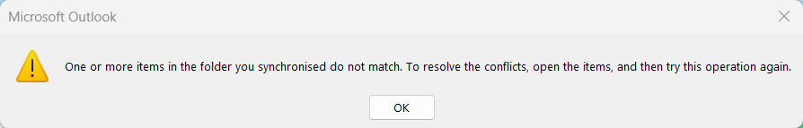 One or more items in the folder you synchronised do not match.