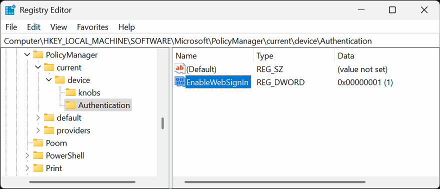 Regedit > EnableWebSignIn